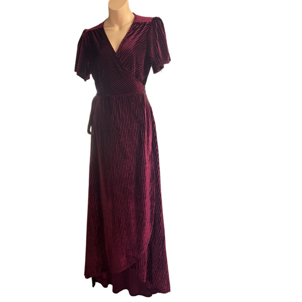 Baltic Born Deep Burgundy Maxi Velvet Wrap Dress w/ Tie Waist and Ruffle Sleeves